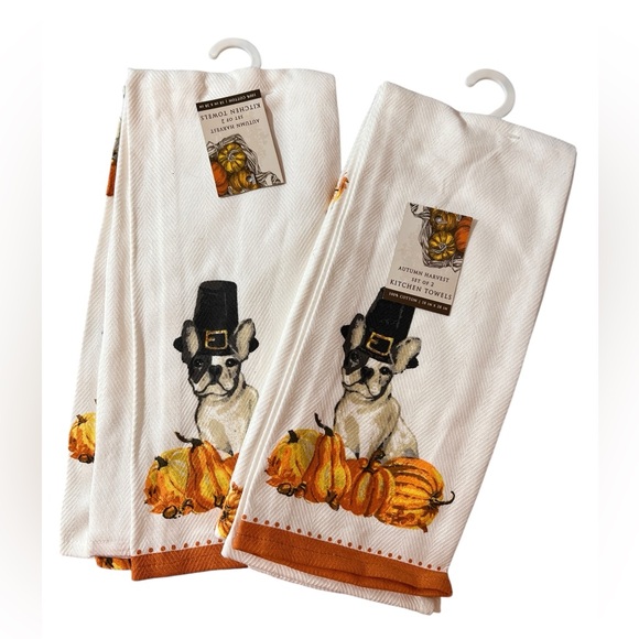 Autumn Harvest Set of Two Kitchen Towels, French Bulldog Design - Picture 3 of 4